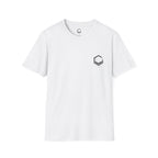 White t-shirt with a black logo on a white background