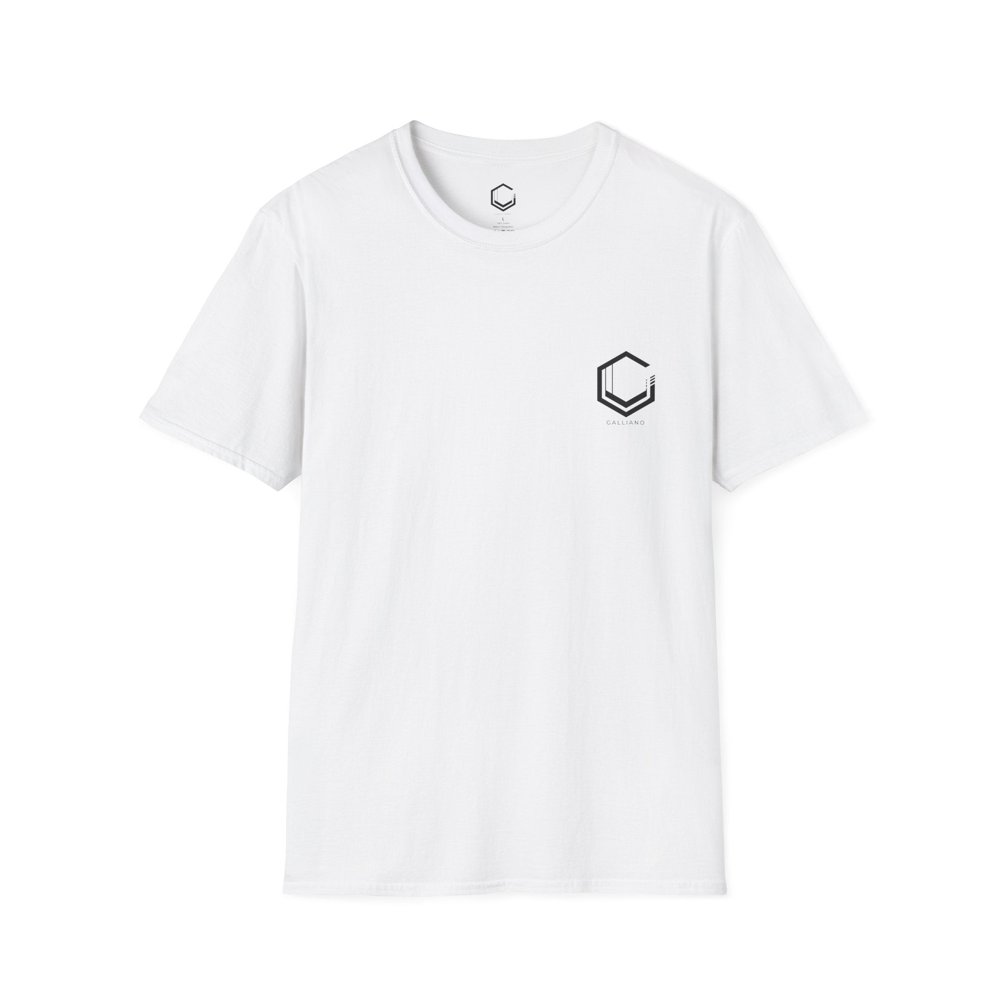 White t-shirt with a black logo on a white background