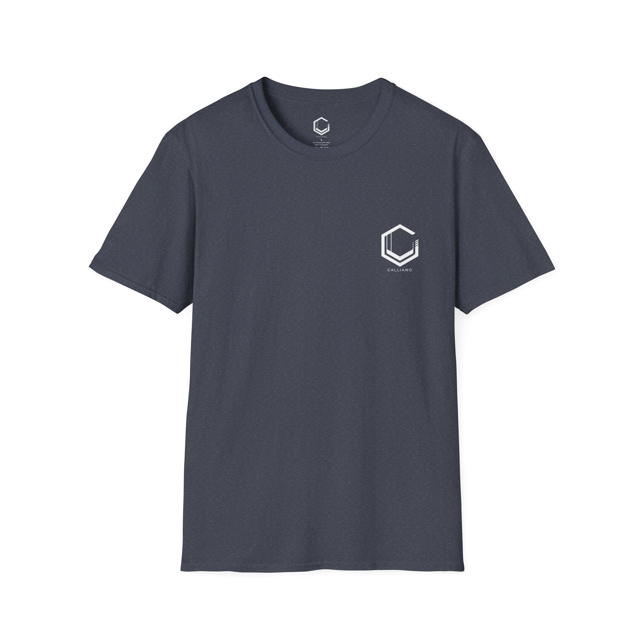 Gray t-shirt with a white logo on a white background