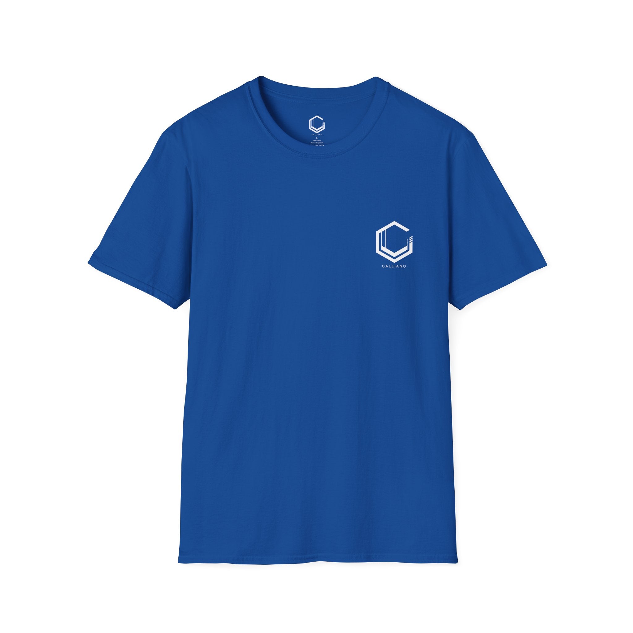 Blue t-shirt with a white logo on a white background