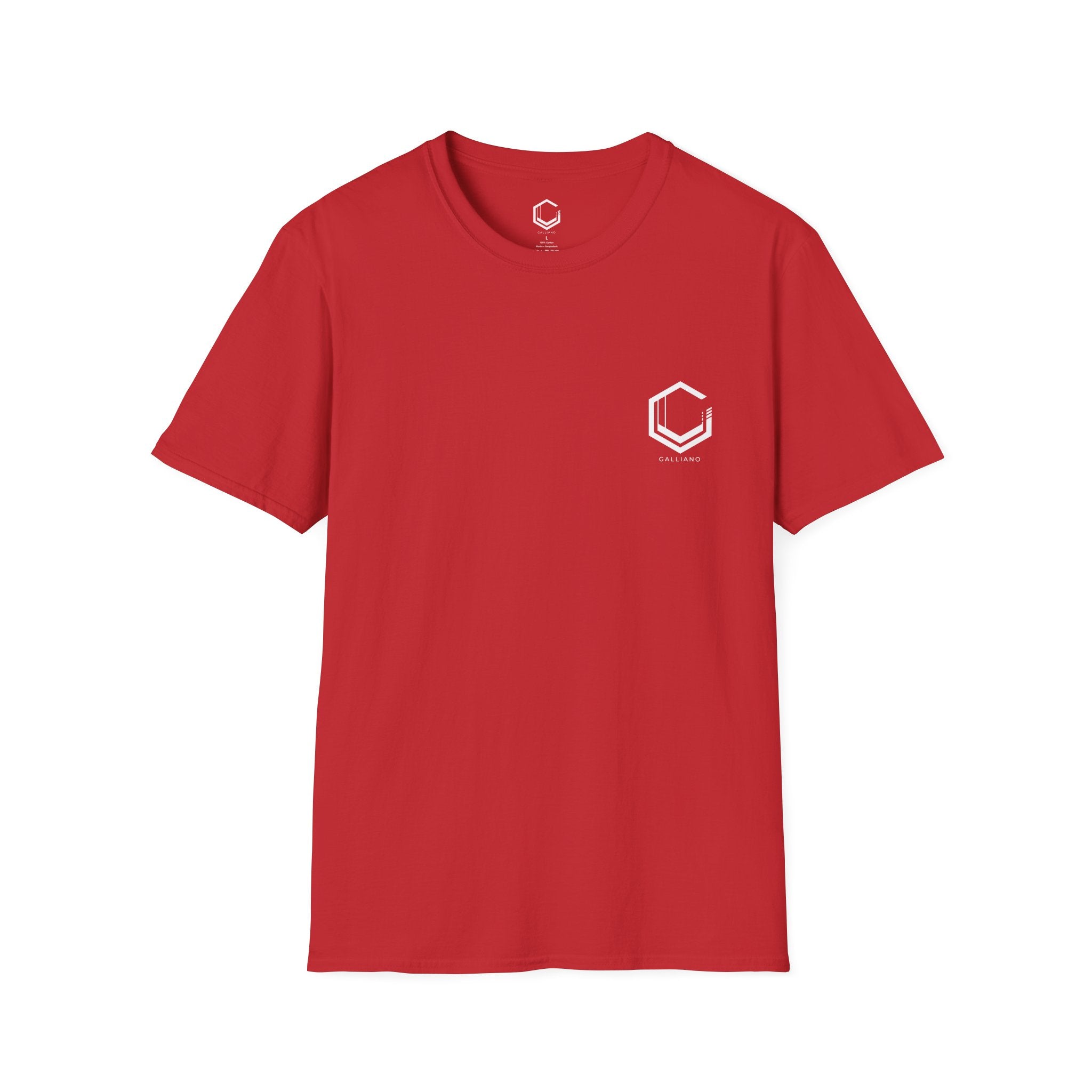 Red t-shirt with a white logo on a white background