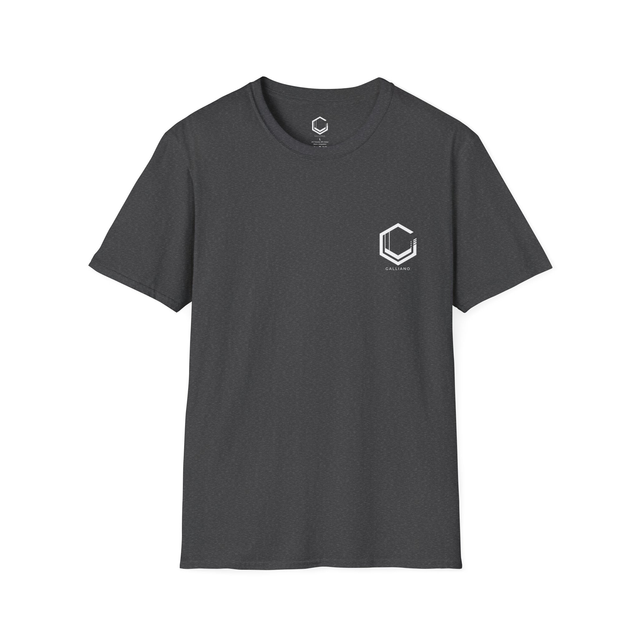 Dark gray t-shirt with a white logo on a white background