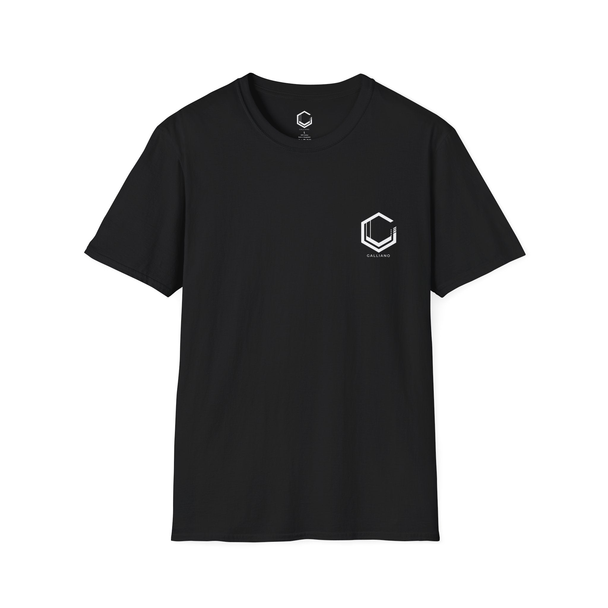 Black t-shirt with a white logo on a white background