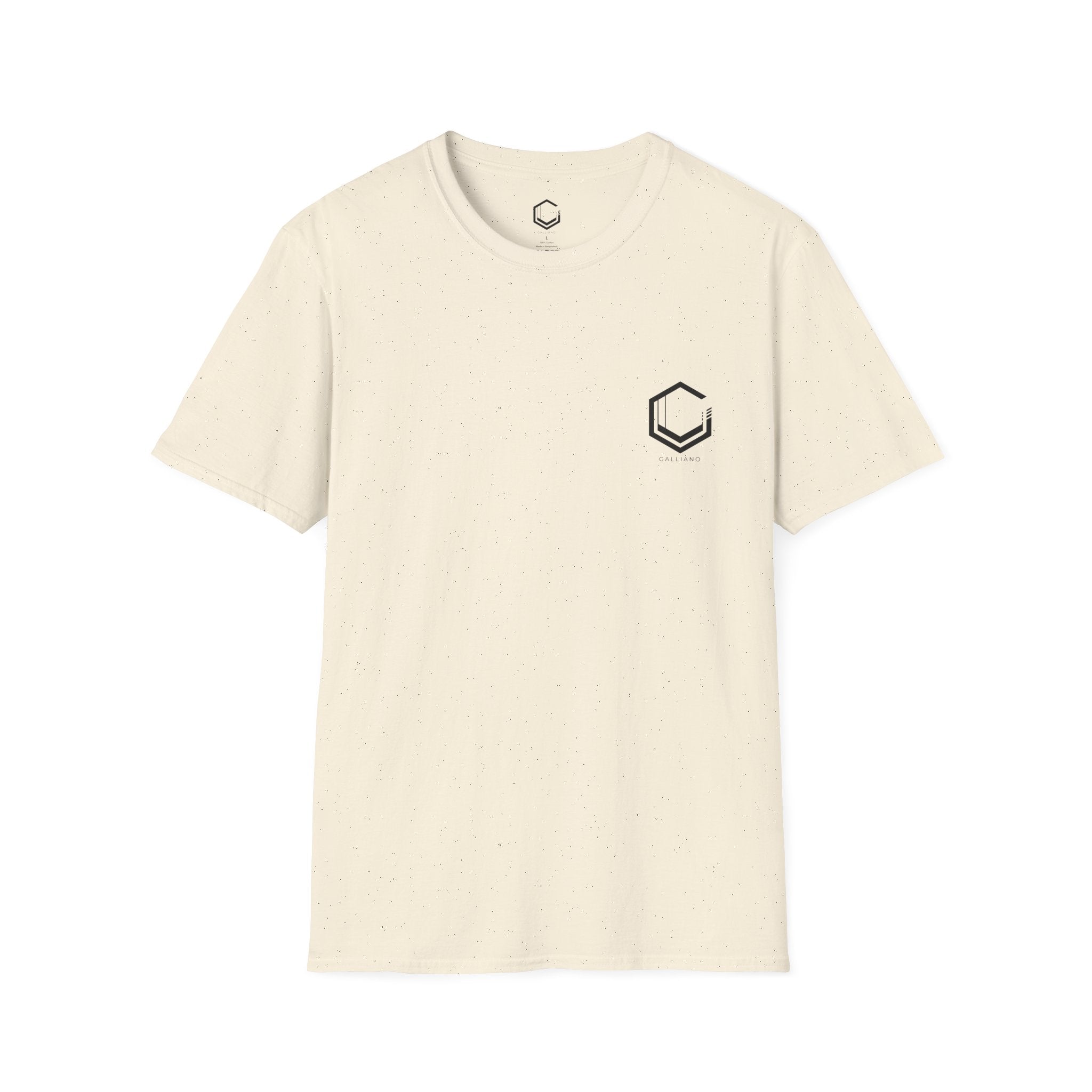 Beige t-shirt with a black logo on a white background