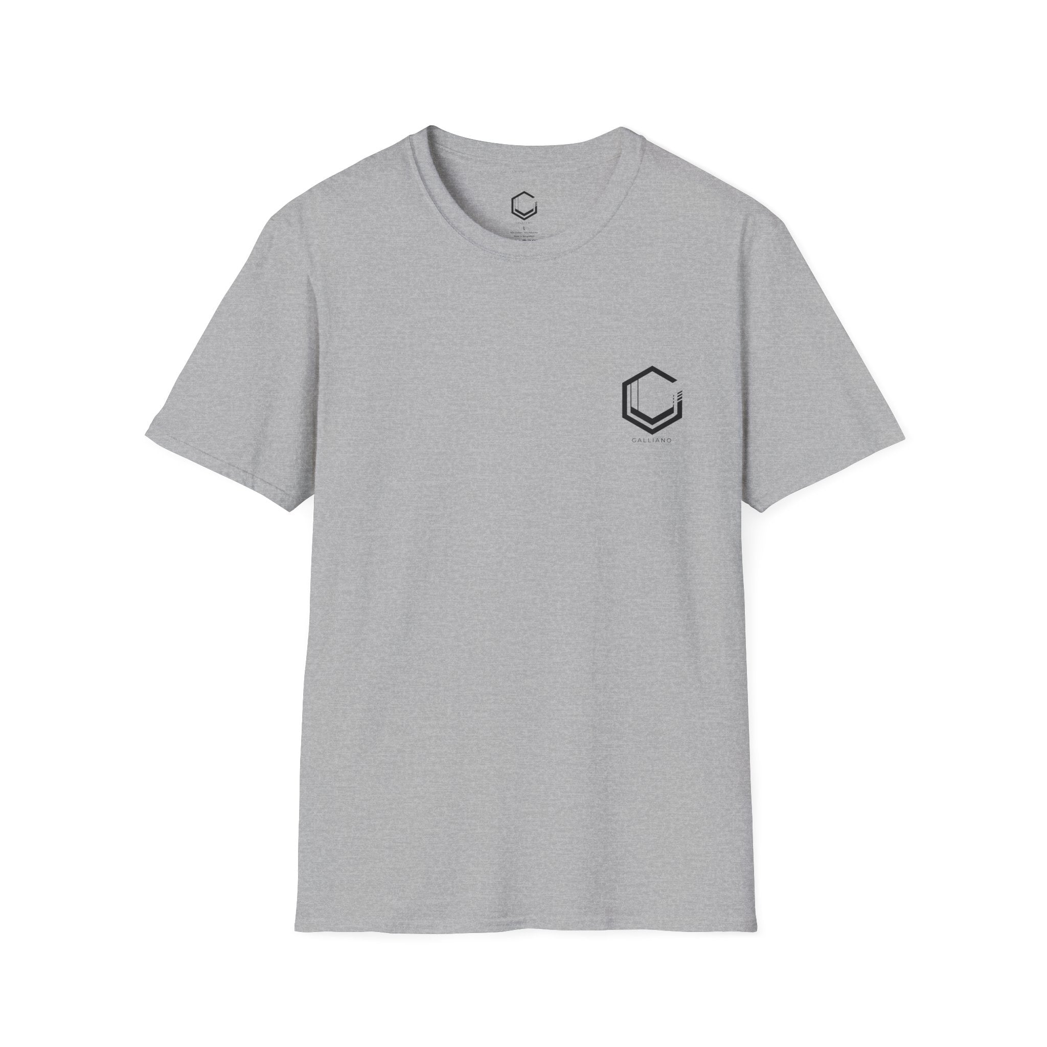 Gray t-shirt with a black logo on a white background